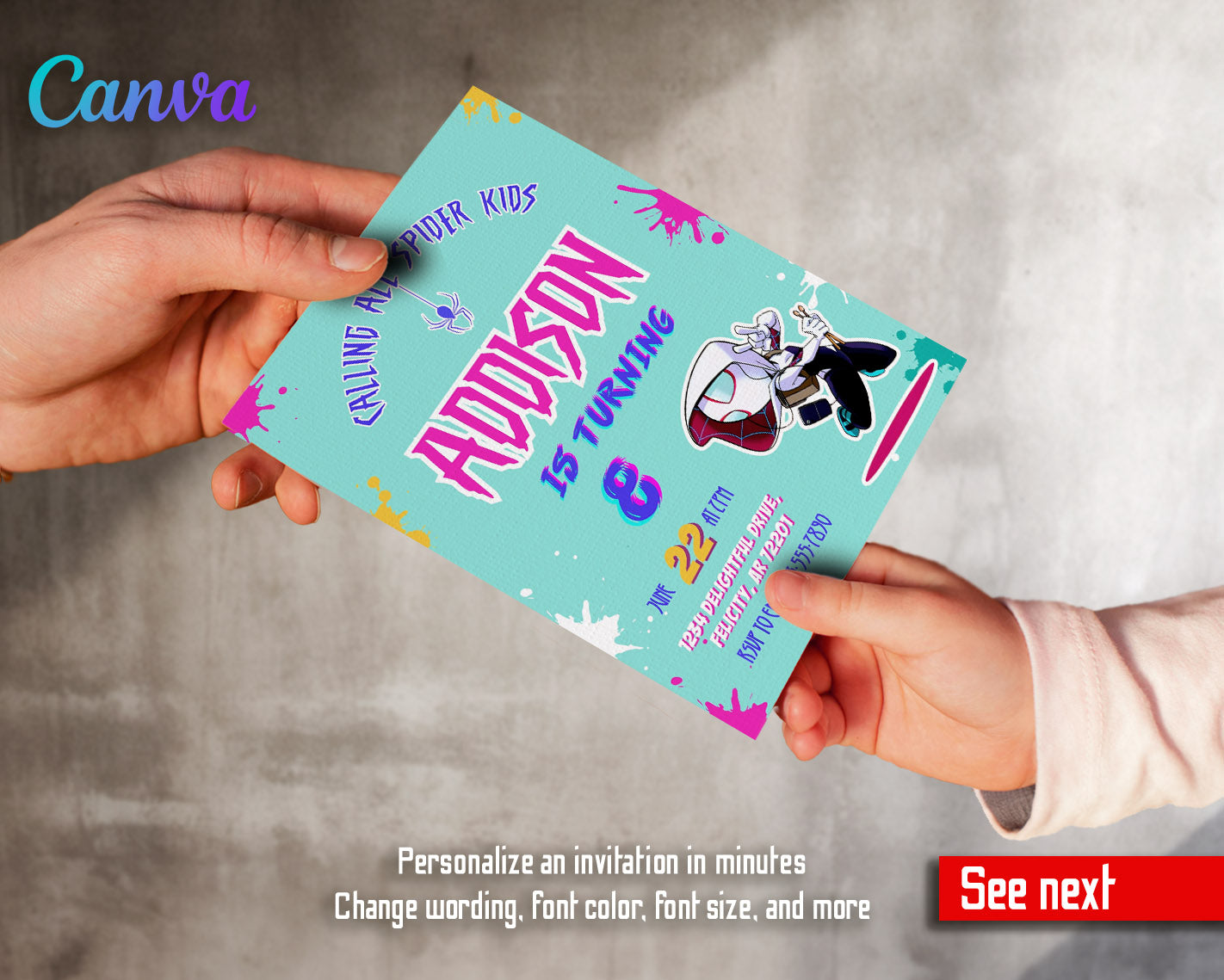 Spider Gwen Ghost Spidey  customizable invitation template | Share or Print | girl | XY064