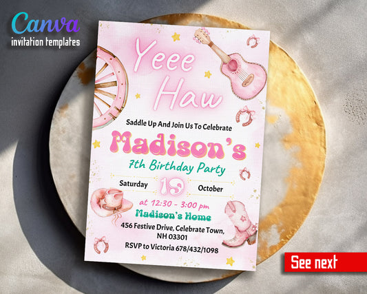 Cowgirl Pink Rodeo customizable invitation template | Share or Print | girl | HD468