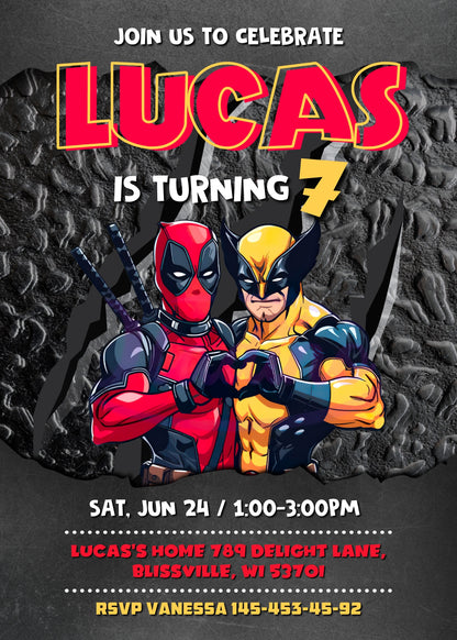 Deadpool Wolverine Marvel  customizable invitation template | Share or Print | boy | SO065