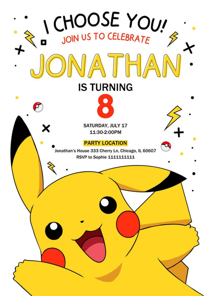 Pokemon Pikachu  customizable invitation template | Share or Print |  | QI435