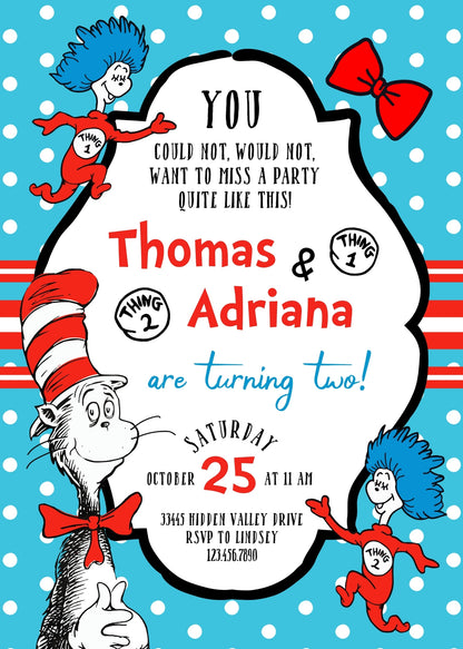 Dr Seuss The Cat in the Hat Twins customizable invitation template | Share or Print |  | MO231