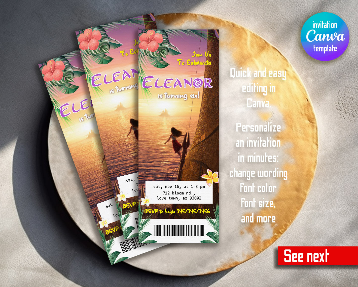 Moana Princess customizable invitation template | Share or Print | girl | GJ251