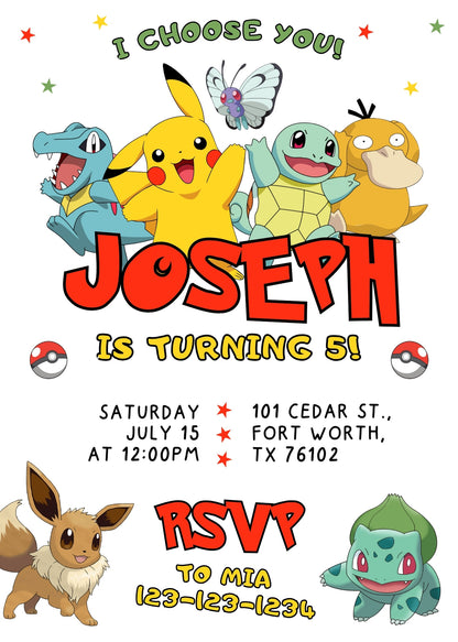 Pokemon Pikachu  customizable invitation template | Share or Print |  | ZZ190