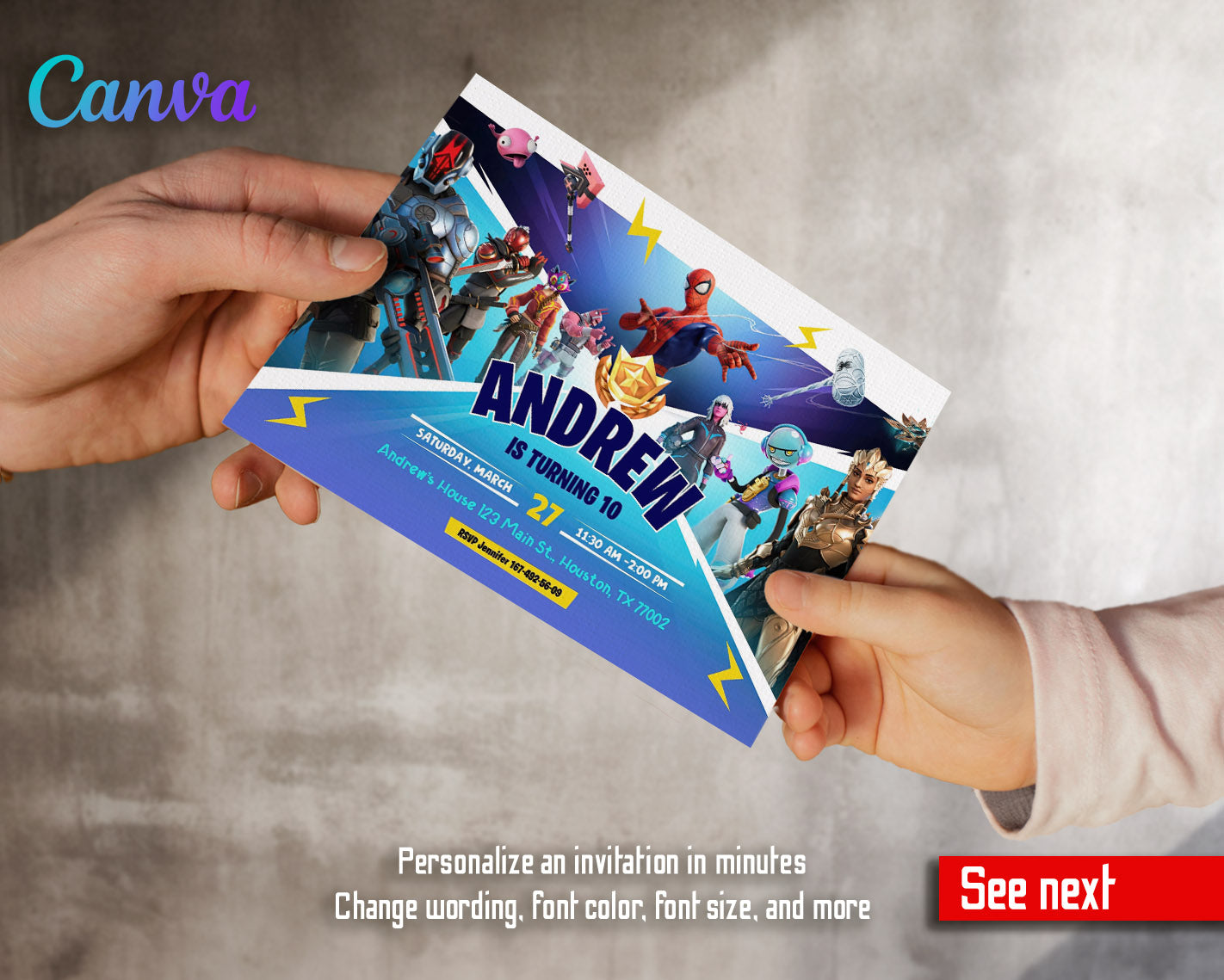 Fortnite gamer customizable invitation template | Share or Print | boy | KQ303