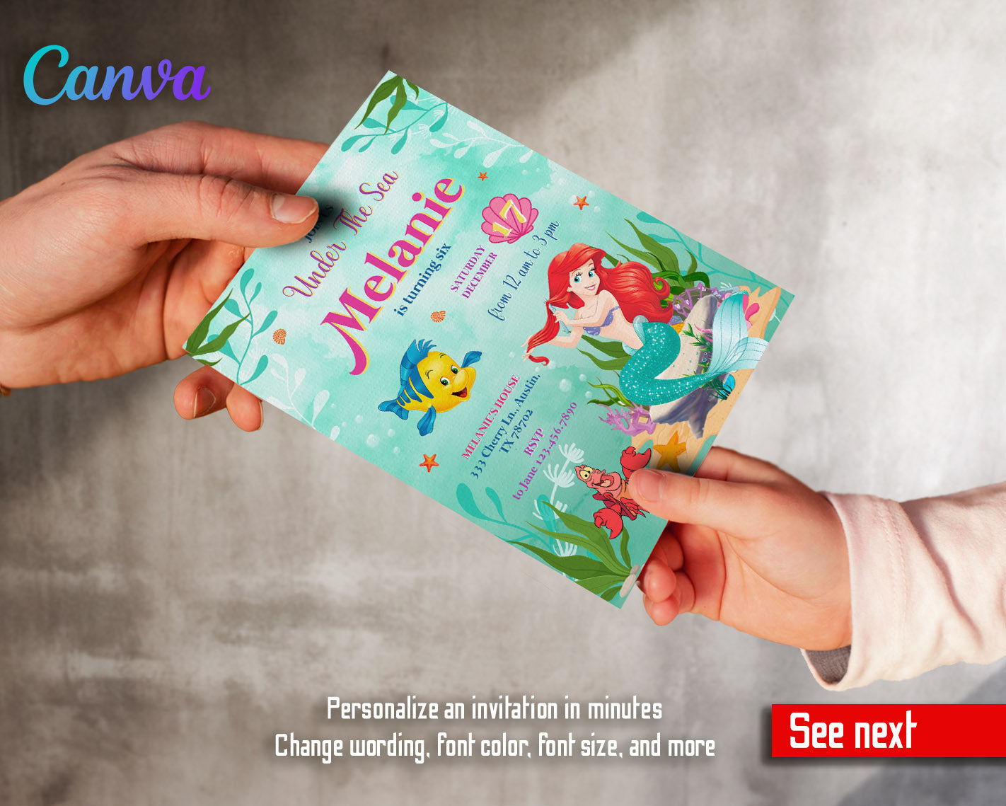 Ariel The Little Mermaid customizable invitation template | Share or Print | girl | JS039