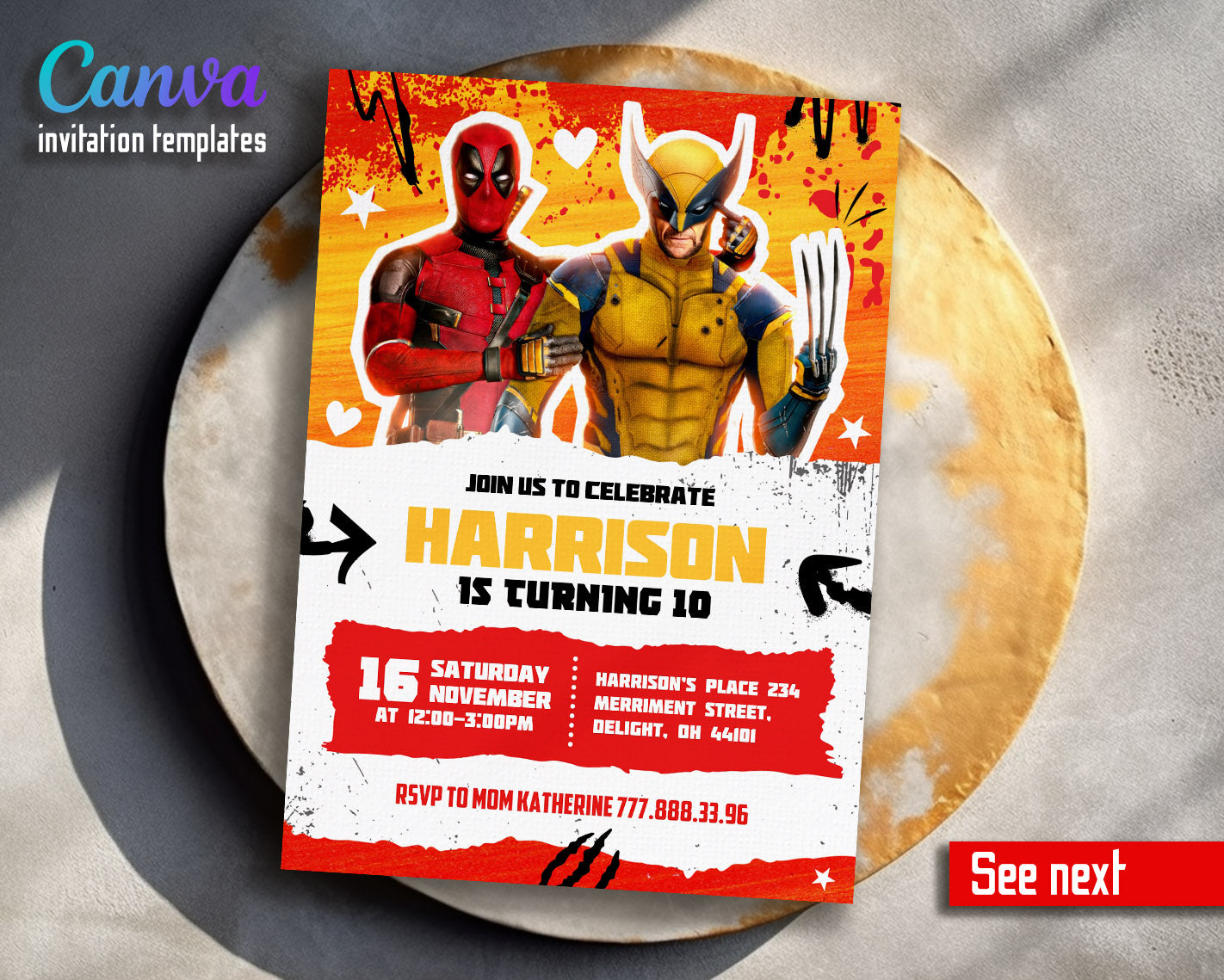 Deadpool Wolverine Marvel  customizable invitation template | Share or Print | boy | PZ357