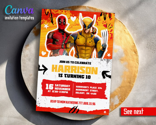 Deadpool Wolverine Marvel  customizable invitation template | Share or Print | boy | PZ357