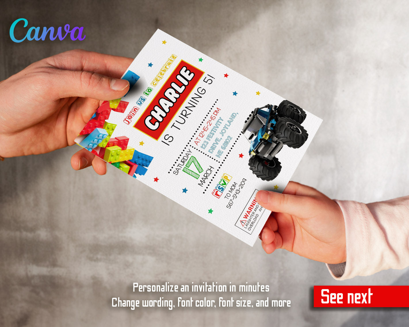 Lego Monster Truck customizable invitation template | Share or Print | boy | TP953