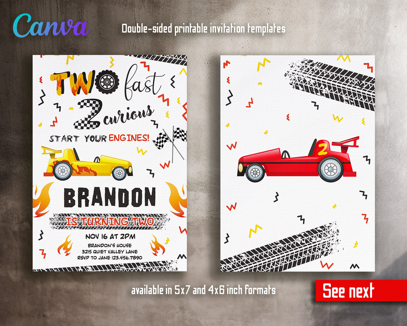 Race Car 2nd Bday Watercolor customizable invitation template | Share or Print | boy | YV916