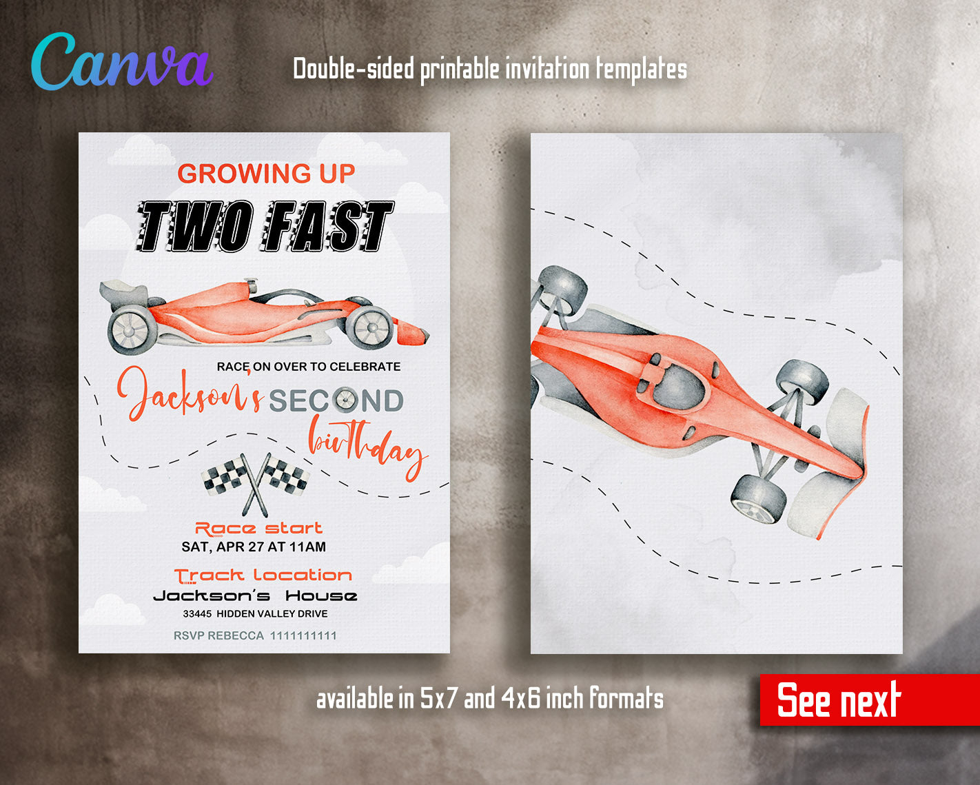 Race Car 2nd Bday Watercolor customizable invitation template | Share or Print | boy | JQ992