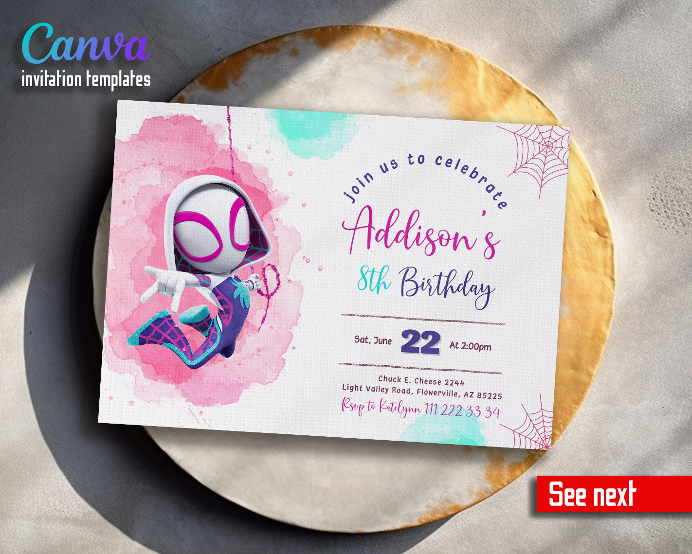 Spider Gwen Ghost Spidey customizable invitation template | Share or Print | girl | JV565