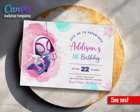 Spider Gwen Ghost Spidey customizable invitation template | Share or Print | girl | JV565