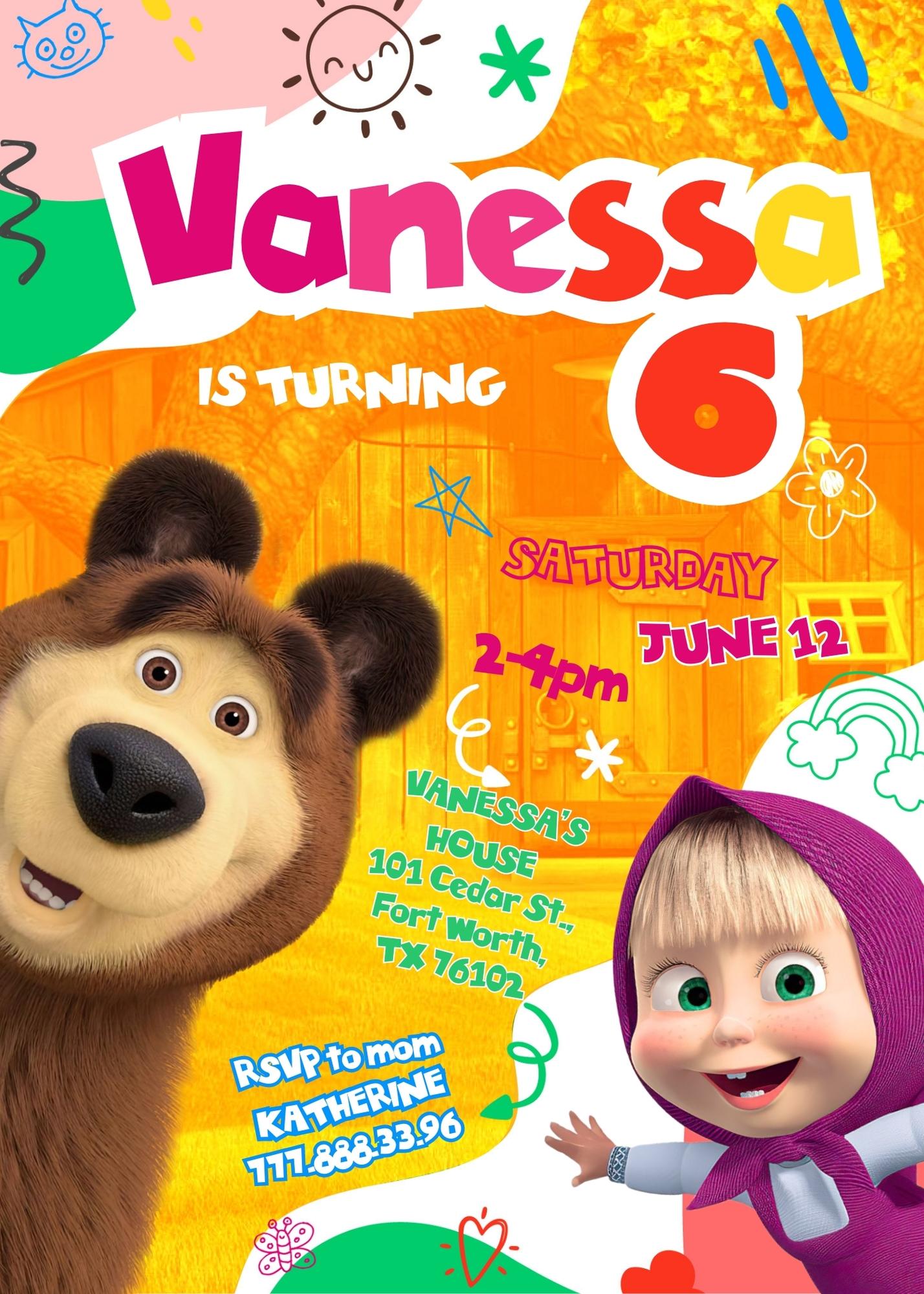 Masha and Bear customizable invite template girl | instant download | Share or Print | MW123