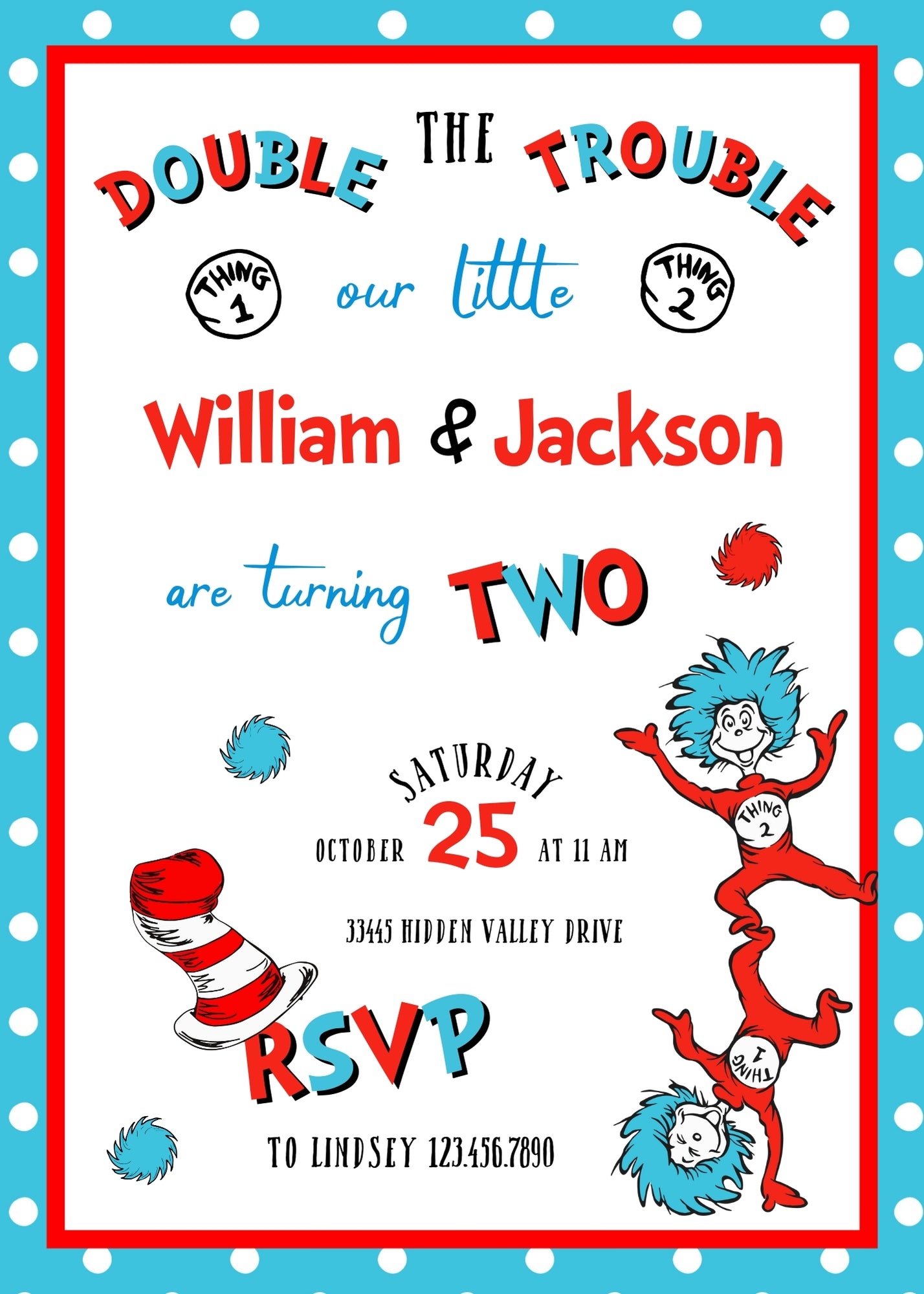 Dr Seuss The Cat in the Hat Twins customizable invitation template | Share or Print |  | IU726