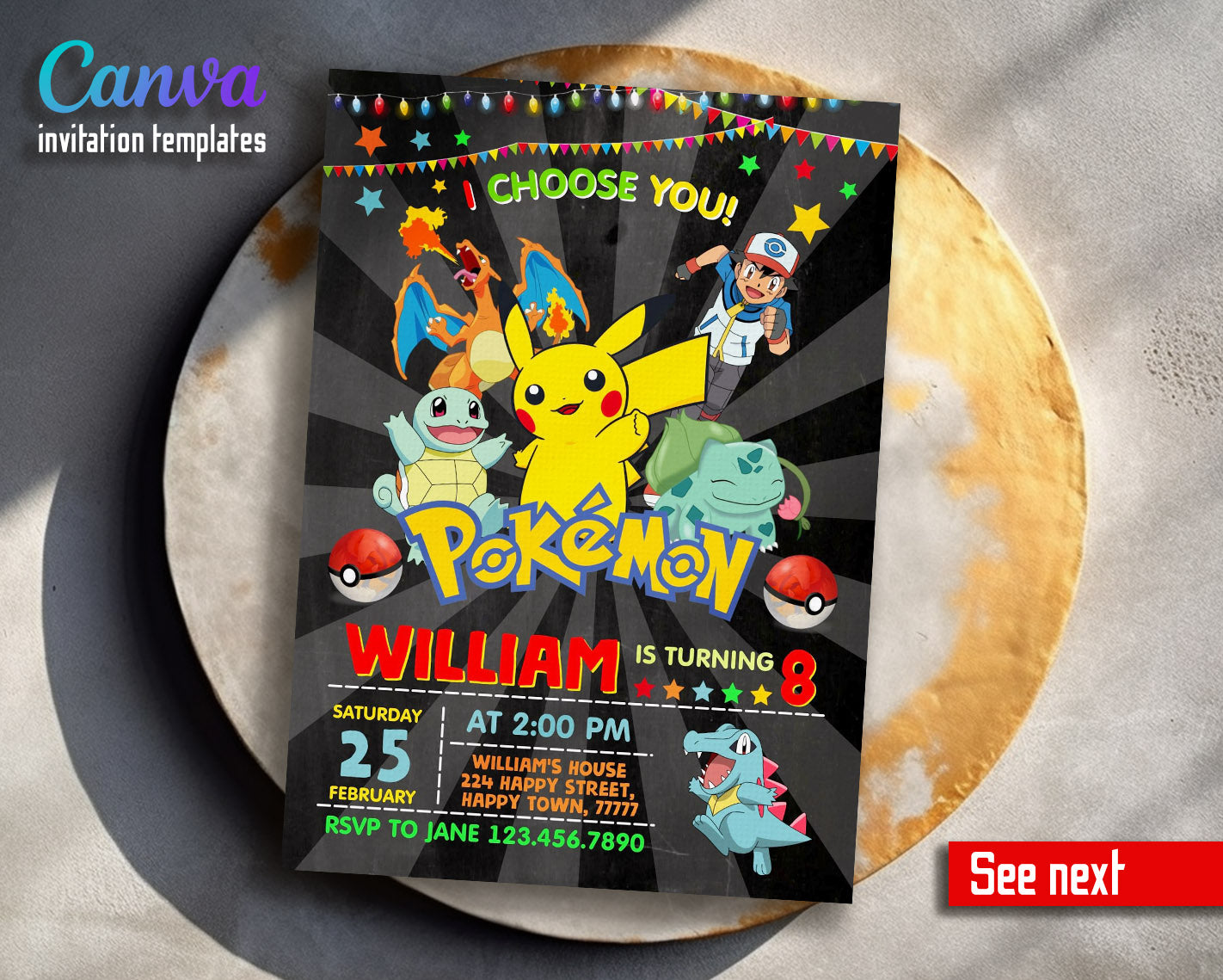 Pokemon Pikachu  customizable invitation template | Share or Print |  | NK498