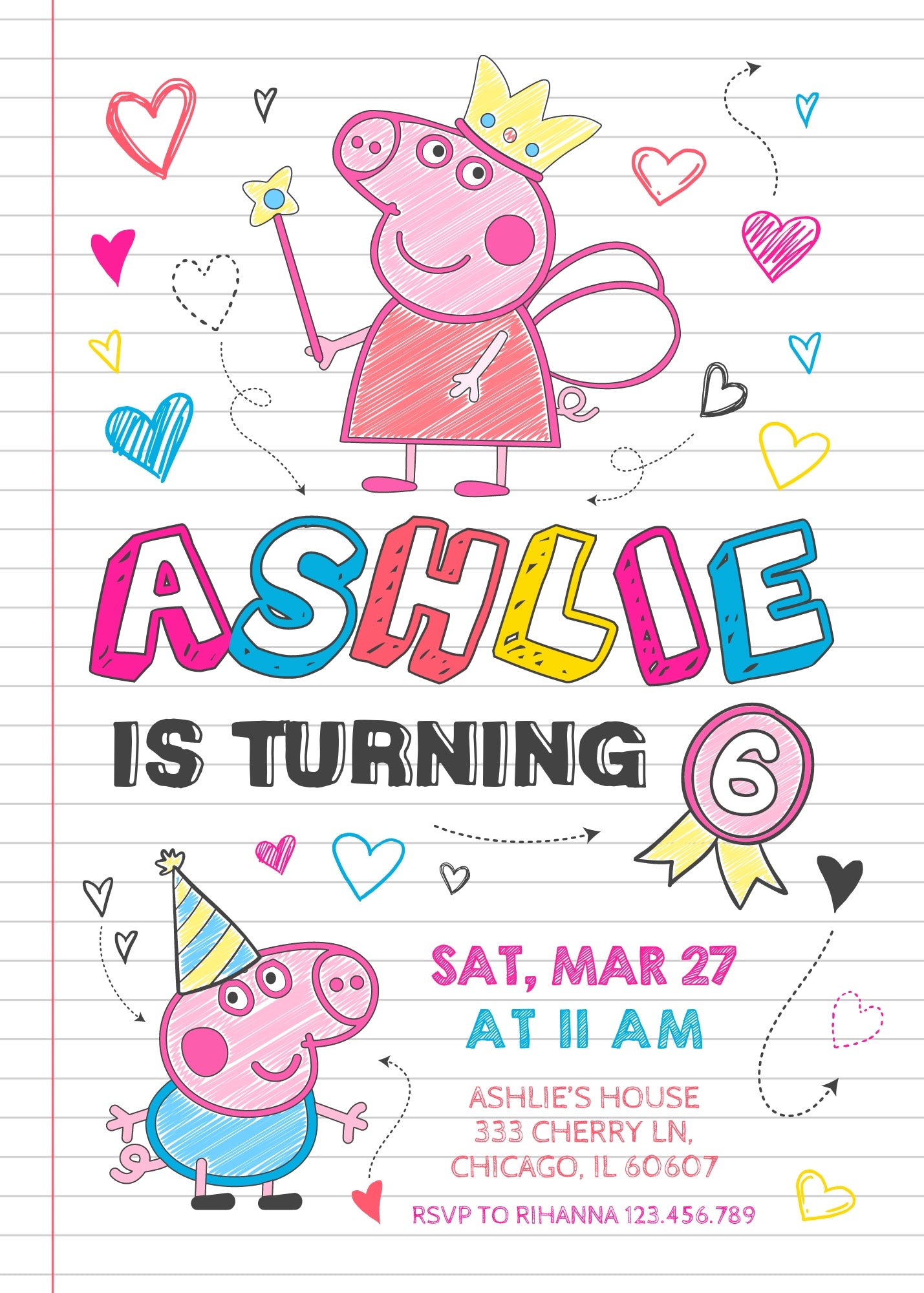 Peppa Pig customizable invitation template | Share or Print | girl | LU645