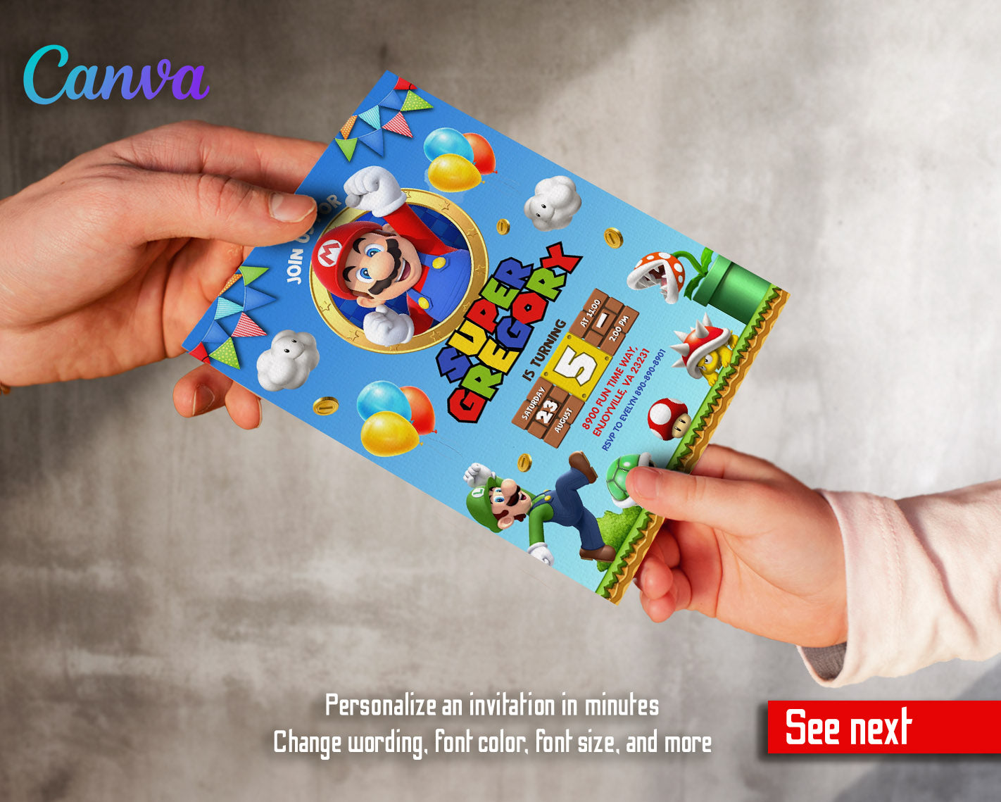 Super Mario Bros  customizable invitation template | Share or Print |  | RC025