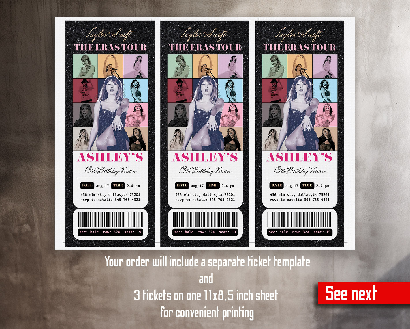 Taylor Swift Eras Tour Ticket customizable invitation template | Share or Print | girl | FU284