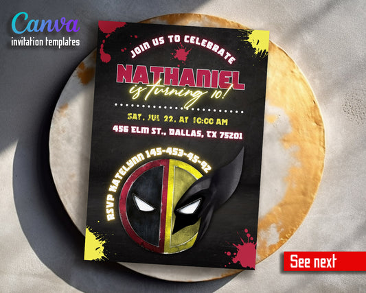 Deadpool Wolverine Marvel  customizable invitation template | Share or Print | boy | IZ972