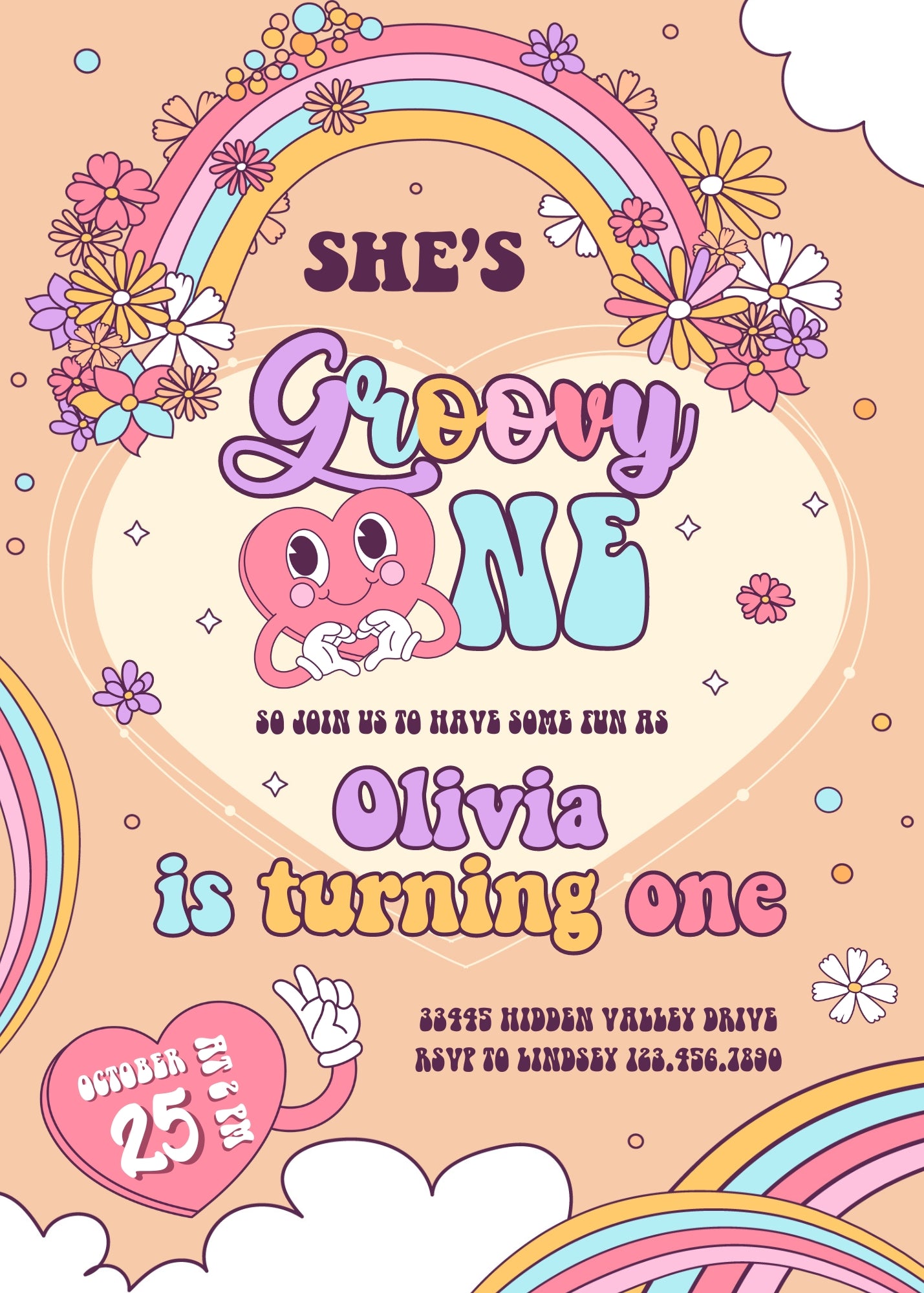 Groovy One First Birthday customizable invitation template | Share or Print |  | TZ344