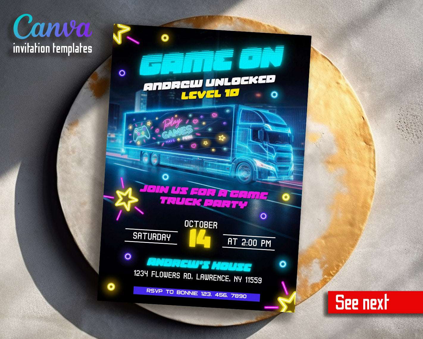 Video Game Bus Gamer customizable invitation template | Share or Print | boy | WQ364