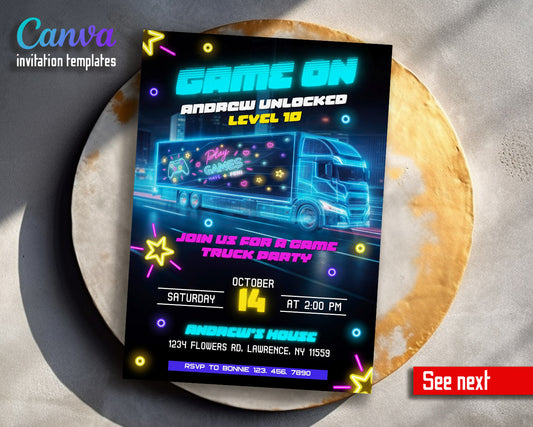 Video Game Bus Gamer customizable invitation template | Share or Print | boy | WQ364