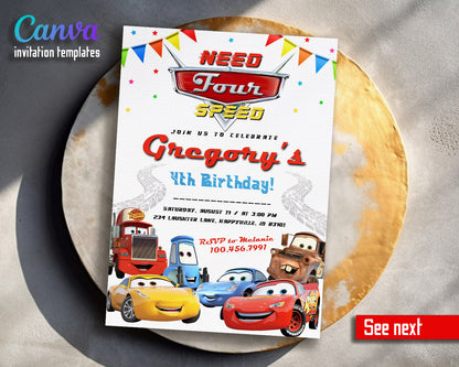 Cars Lightning Mcqueen Four customizable invitation template | Share or Print | boy | TJ099