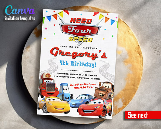 Cars Lightning Mcqueen Four customizable invitation template | Share or Print | boy | TJ099