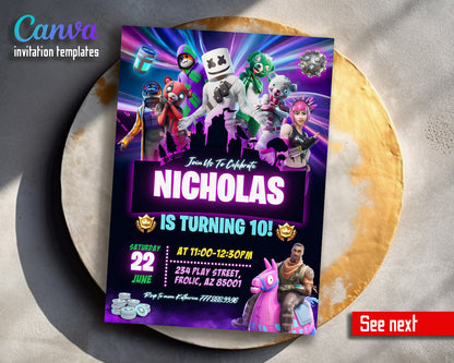 Fortnite gamer customizable invitation template | Share or Print | boy | SN574