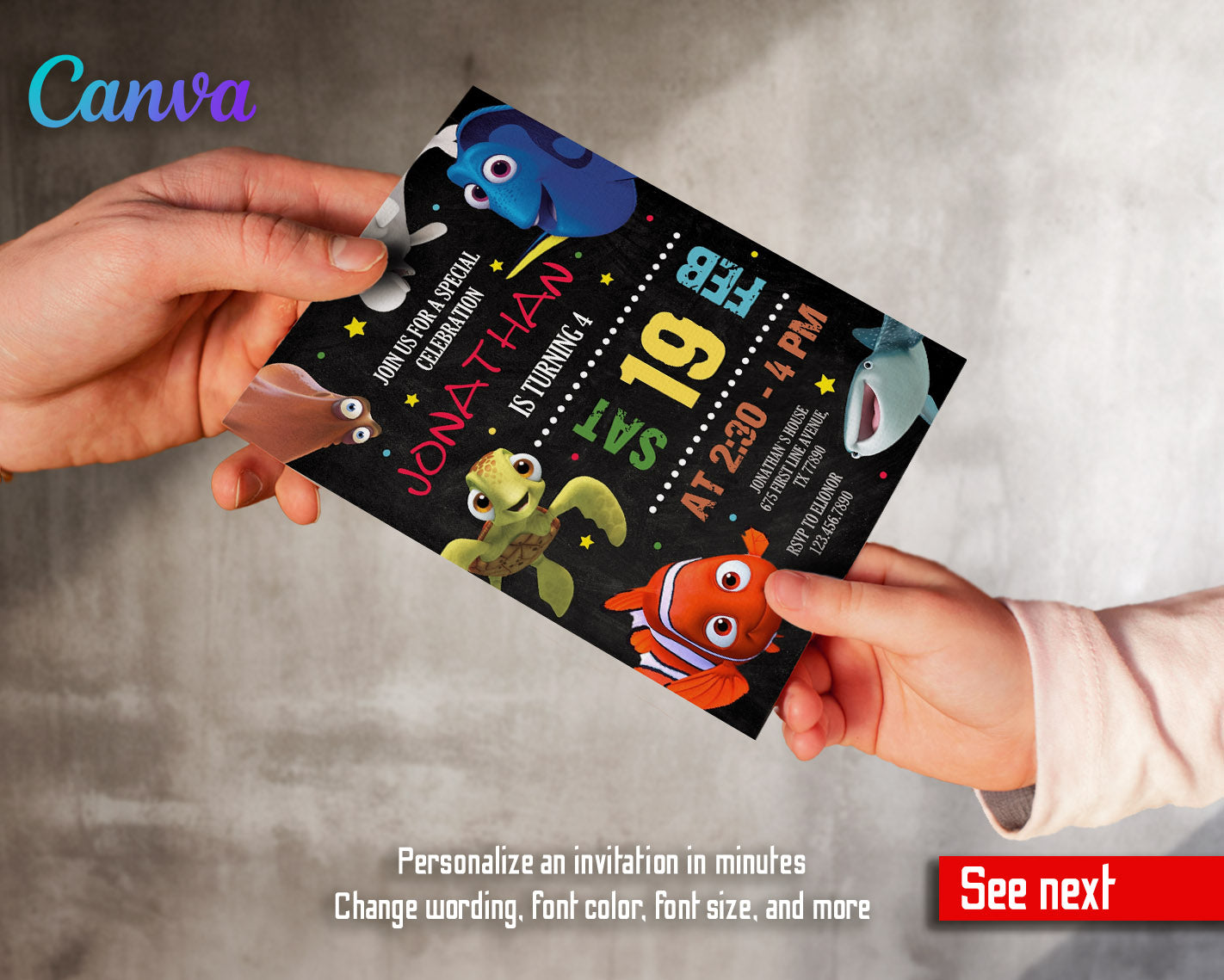 Finding Dory Nemo customizable invitation template | Share or Print |  | ZV109