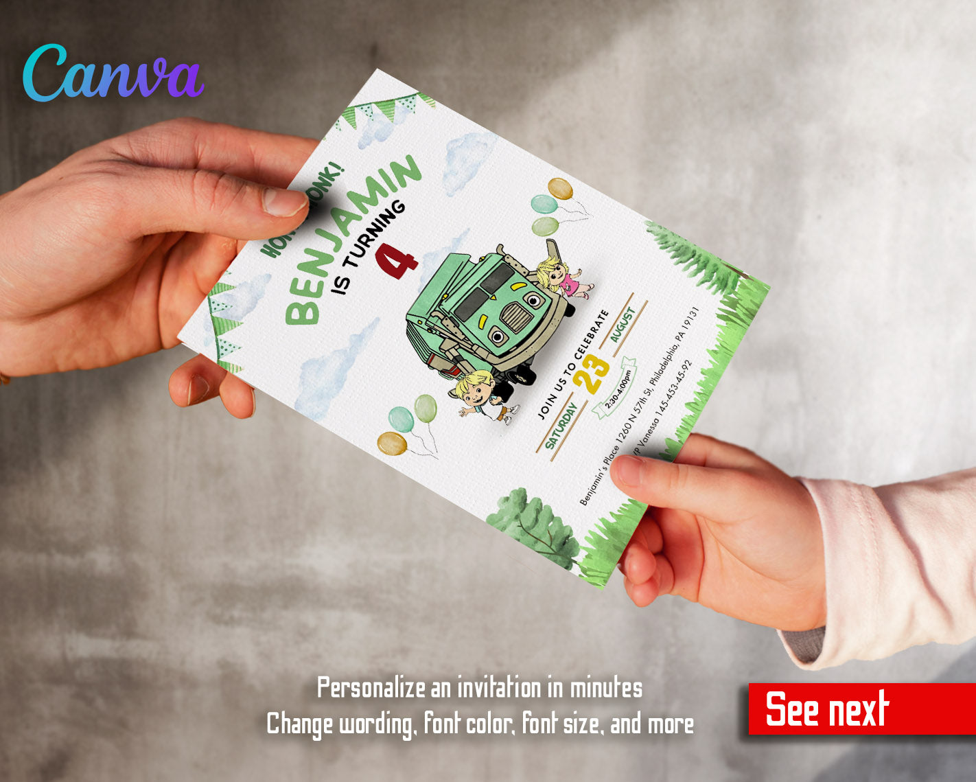 Trash Green Truck customizable invitation template | Share or Print |  | FU969