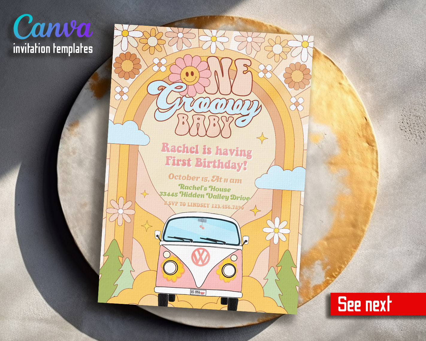 Groovy 1st Bday Hippie Van customizable invitation template | Share or Print |  | VK880