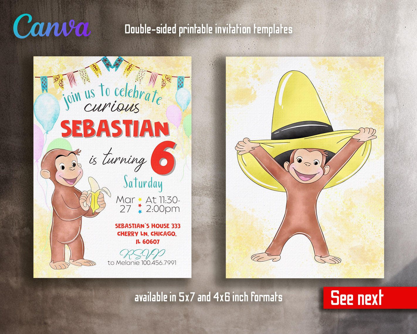 Curious George Monkey customizable invitation template | Share or Print |  | CC988