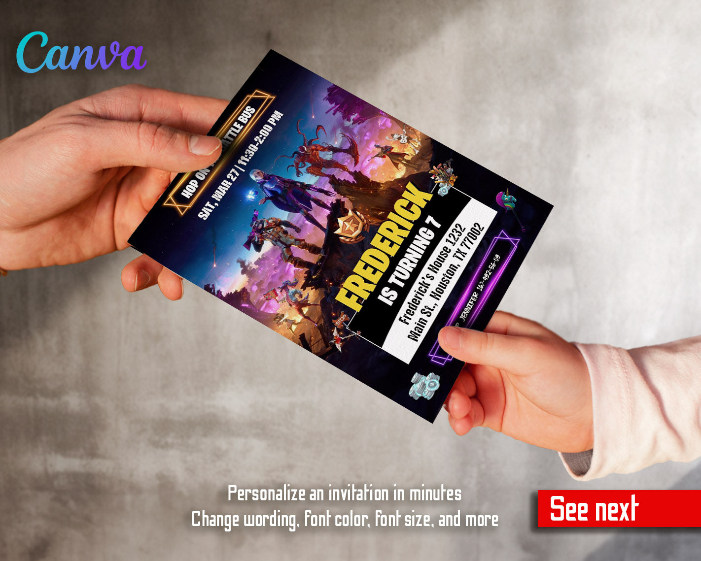 Fortnite gamer customizable invitation template | Share or Print | boy | TA578