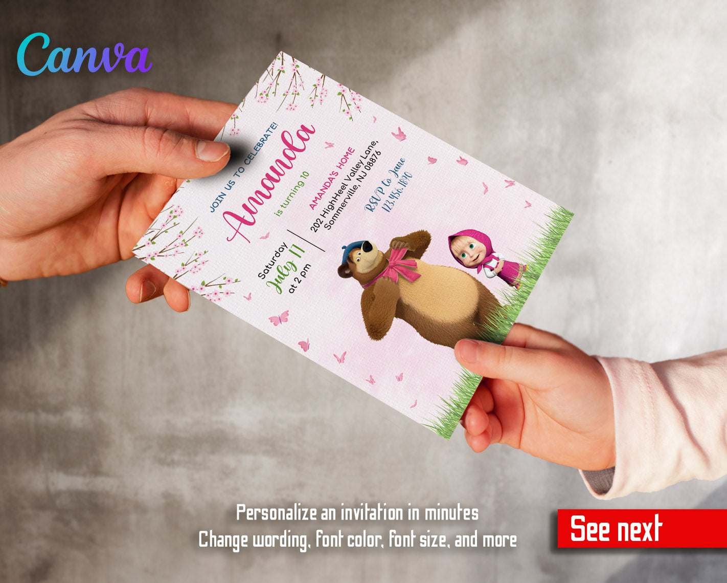 Masha and the Bear customizable invitation template | Share or Print |  | QF059