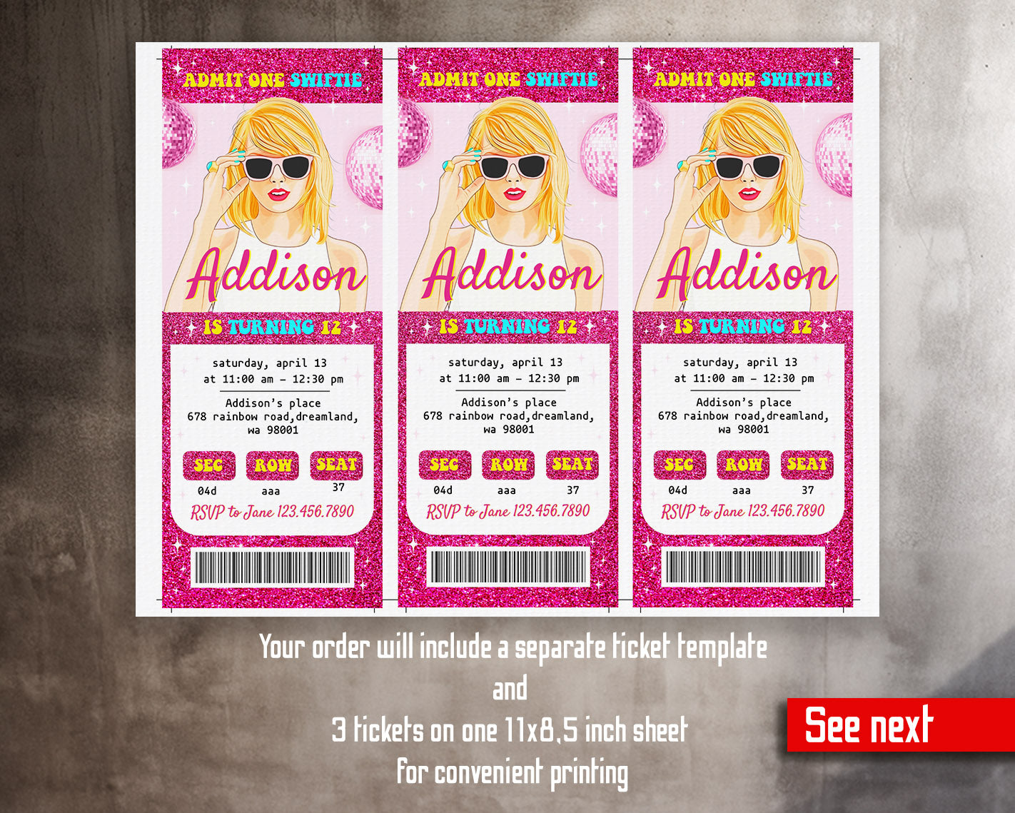 Taylor Swift Eras Tour Ticket customizable invitation template | Share or Print | girl | MT122