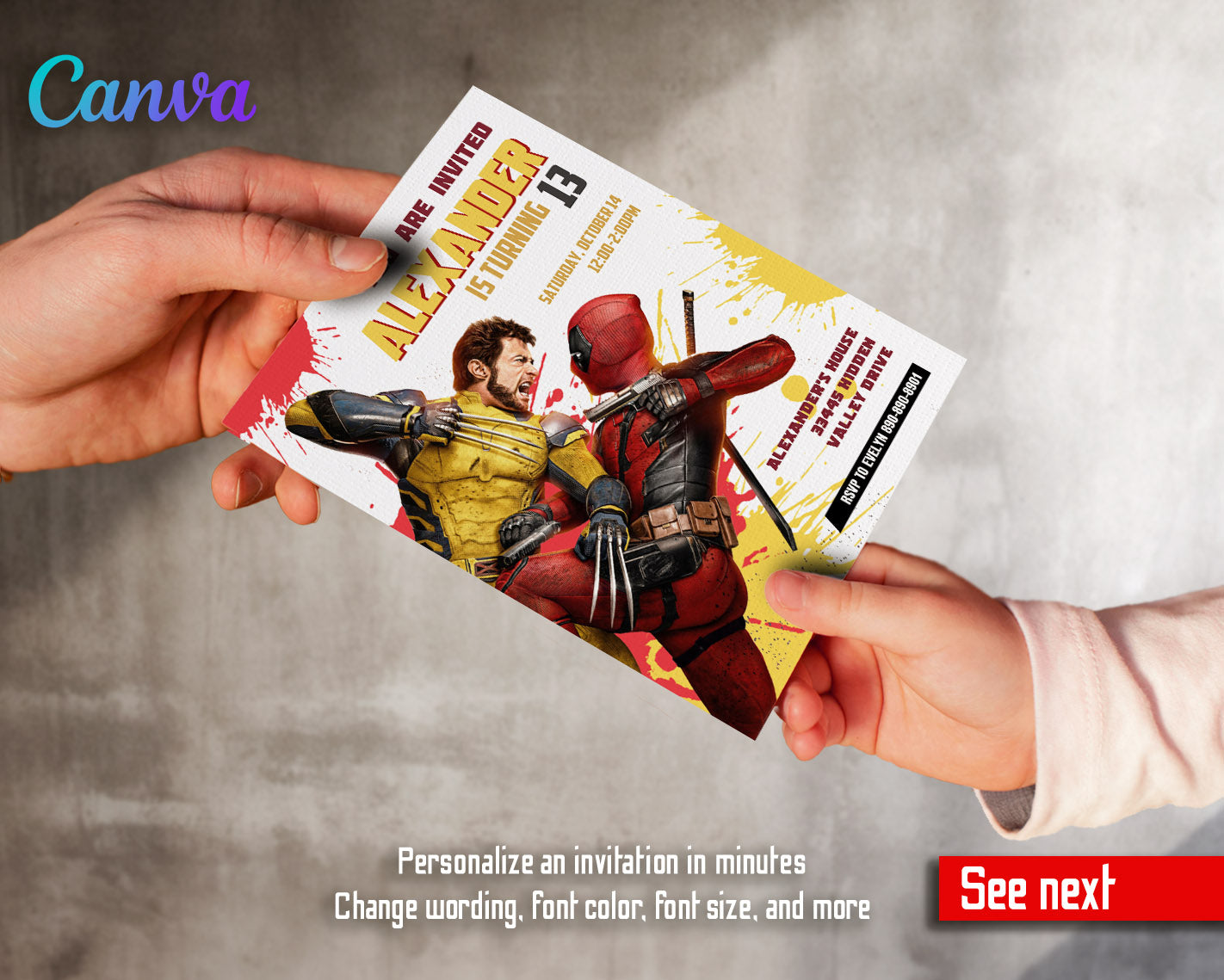 Deadpool Wolverine Marvel  customizable invitation template | Share or Print | boy | KE579