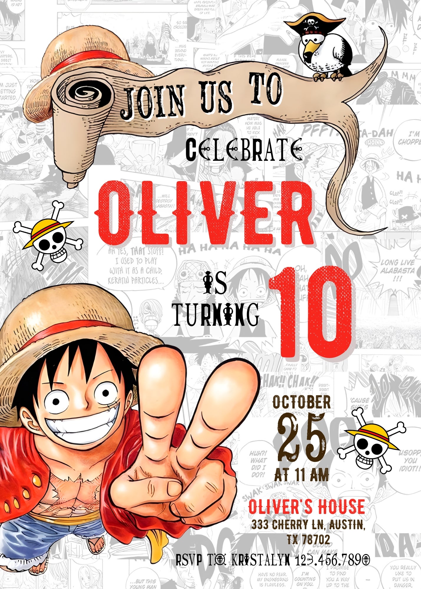 One Piece Monkey D.Luffy Anime customizable invitation template | Share or Print | | ST707