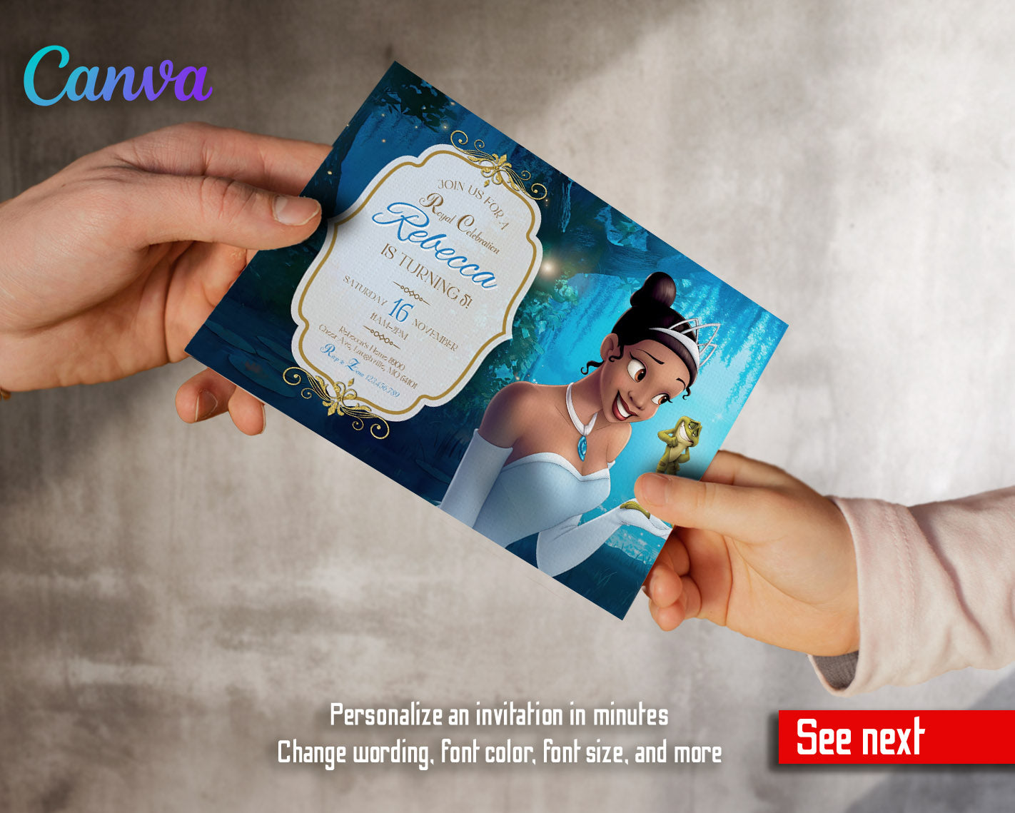 Tiana Frog Princess  customizable invitation template | Share or Print | girl | HJ315