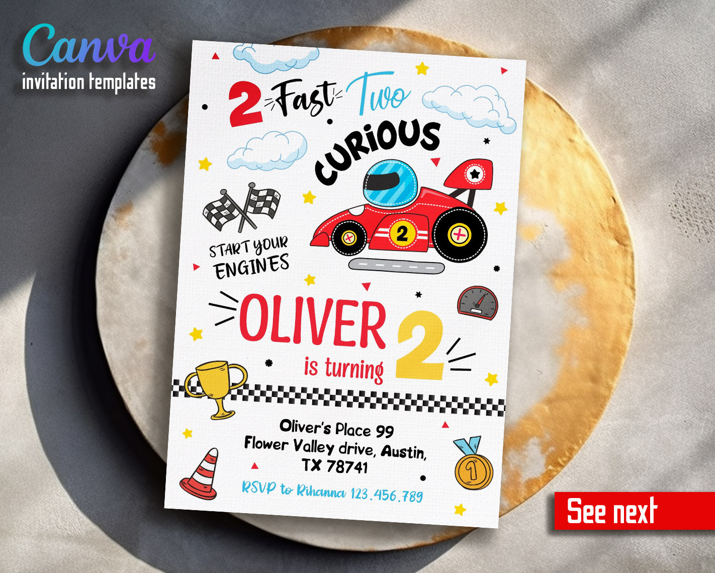 Race Car 2nd Bday Watercolor customizable invitation template | Share or Print | boy | ZH058