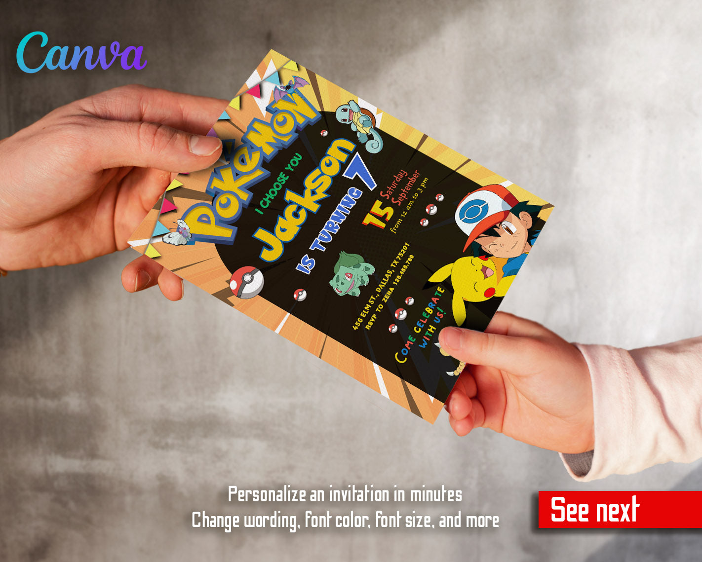 Pokemon Pikachu  customizable invitation template | Share or Print |  | RK777