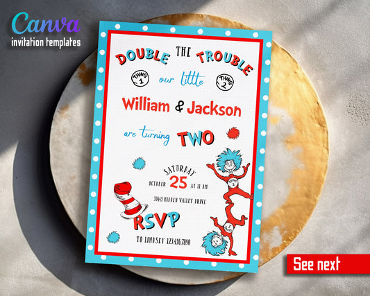 Dr Seuss The Cat in the Hat Twins customizable invitation template | Share or Print |  | IU726