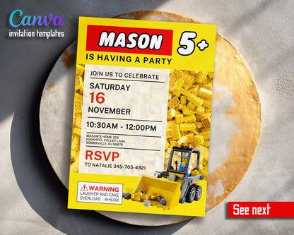 Lego Excavator customizable invitation template | Share or Print | boy | IZ003