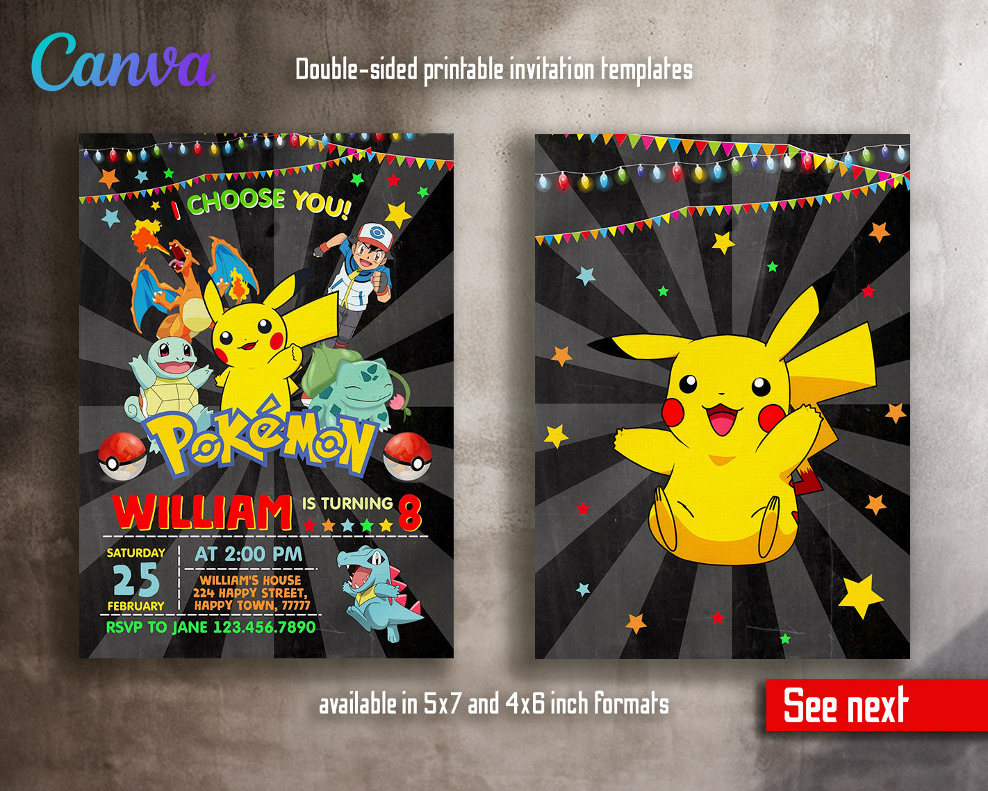 Pokemon Pikachu  customizable invitation template | Share or Print |  | NK498