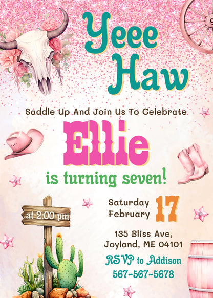 Cowgirl Pink Rodeo customizable invitation template | Share or Print | girl | IH437