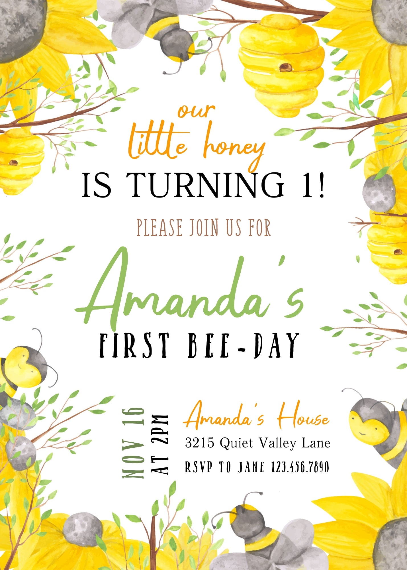 1st Bee Day Party customizable invitation template | Share or Print |  | XZ273