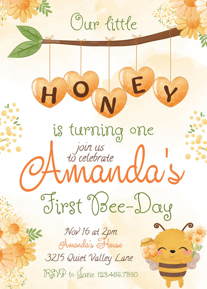 1st Bee Day Party customizable invitation template | Share or Print |  | RB134