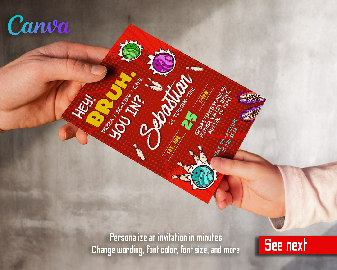 Bruh Bowling customizable invitation template | Share or Print | boy | EU244