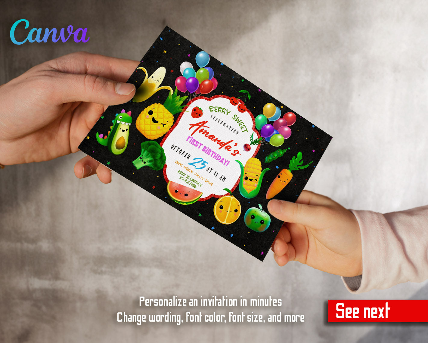 Hey Bear Sensory Dancing Fruits customizable invitation template | Share or Print |  | BF445