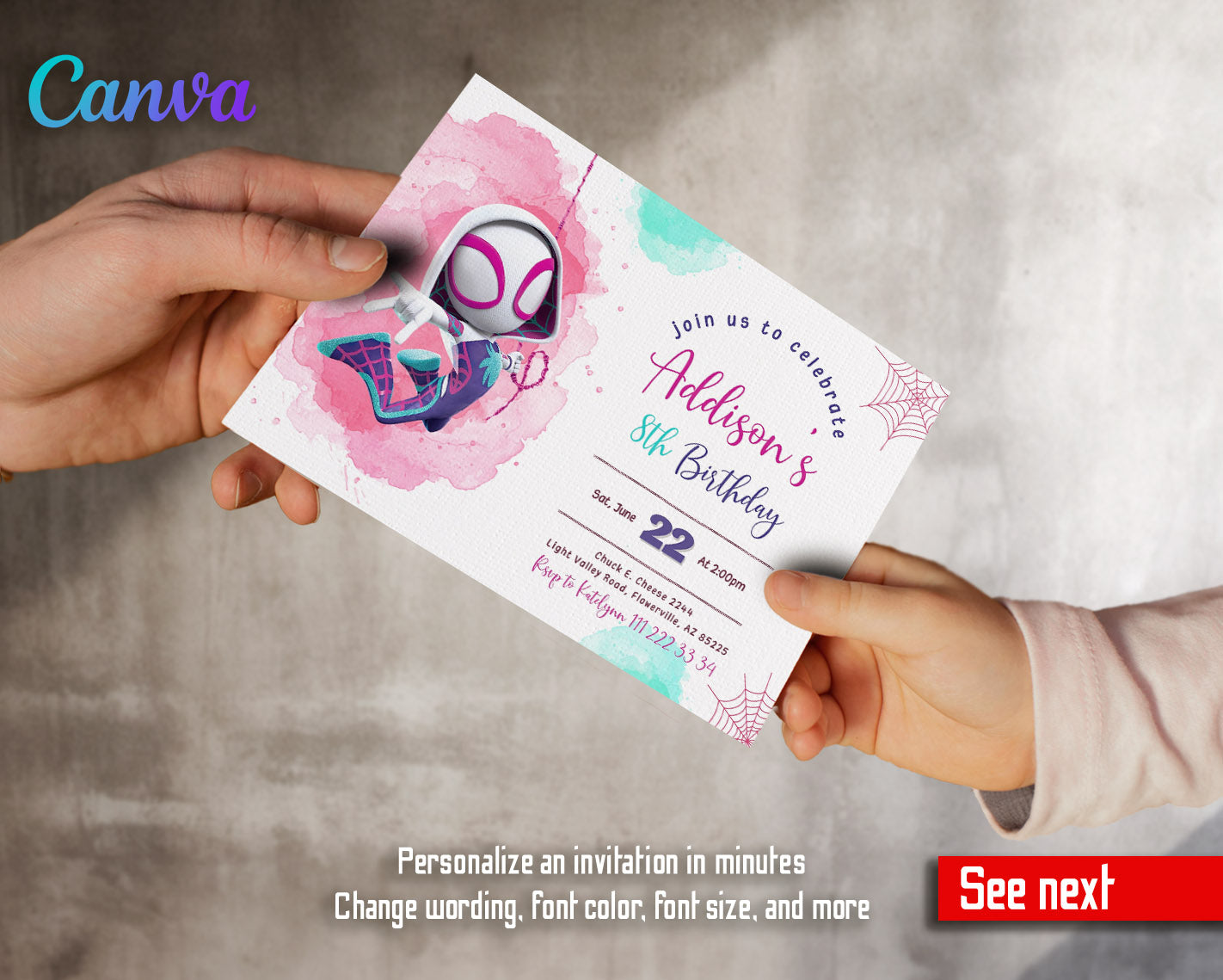 Spider Gwen Ghost Spidey customizable invitation template | Share or Print | girl | JV565